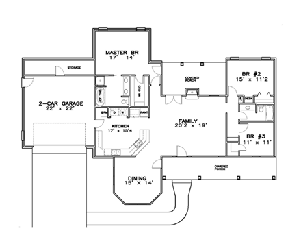 Contemporary, Southern House Plan 57707 with 3 Beds, 2 Baths, 2 Car Garage First Level Plan