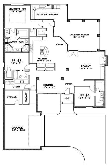 Contemporary, Florida, Southern House Plan 57871 with 3 Beds, 3 Baths, 2 Car Garage First Level Plan