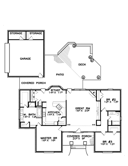 Contemporary, Florida, Southern House Plan 57875 with 3 Beds, 2 Baths, 2 Car Garage First Level Plan