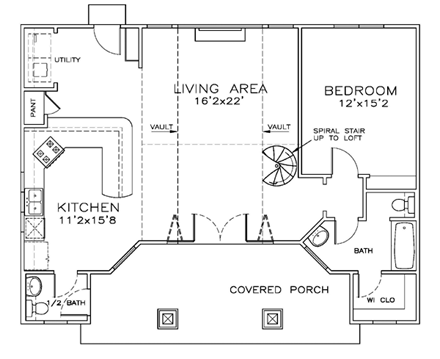 Cottage, Florida, Southern House Plan 57890 with 1 Beds, 2 Baths First Level Plan