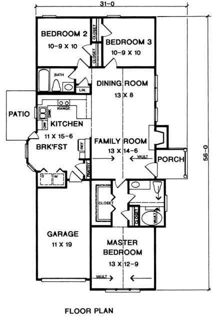 Traditional House Plan 58027 with 3 Beds, 2 Baths, 1 Car Garage First Level Plan