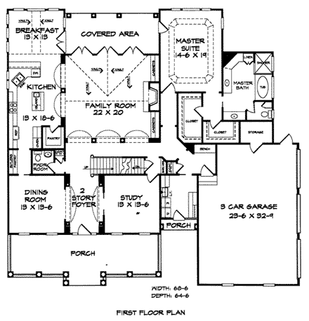 Southern House Plan 58030 with 4 Beds, 4.5 Baths, 3 Car Garage First Level Plan