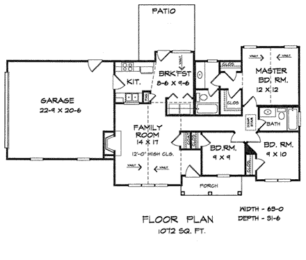 Ranch House Plan 58035 with 3 Beds, 2 Baths, 2 Car Garage First Level Plan