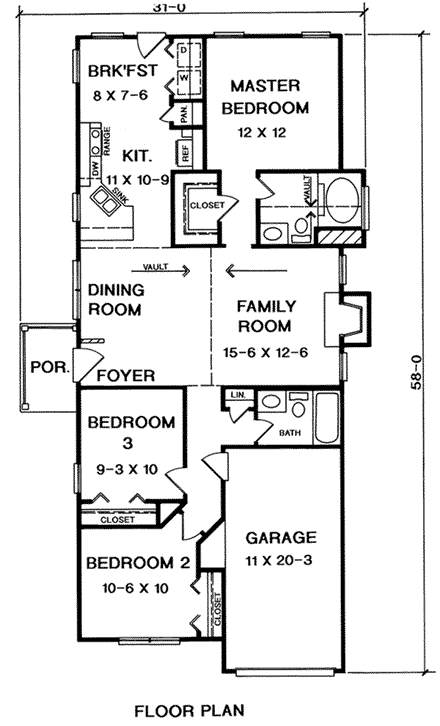 Ranch House Plan 58045 with 3 Beds, 2 Baths, 1 Car Garage First Level Plan