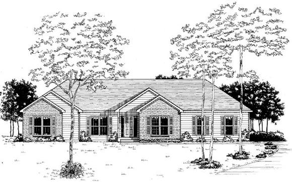 Ranch House Plan 58059 with 3 Beds, 2 Baths, 2 Car Garage Elevation