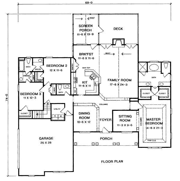 House Plan 58073 - Traditional Style with 2413 Sq Ft, 3 Bed, 2 Ba