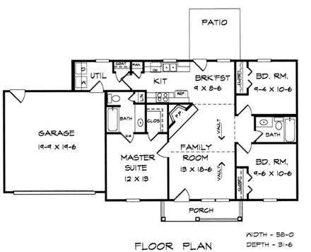 Ranch House Plan 58075 with 3 Beds, 2 Baths, 2 Car Garage First Level Plan
