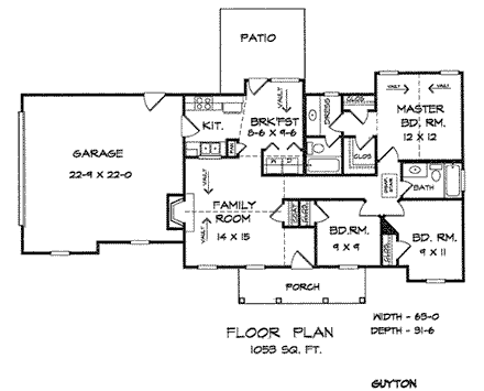 Ranch House Plan 58080 with 3 Beds, 2 Baths, 2 Car Garage First Level Plan
