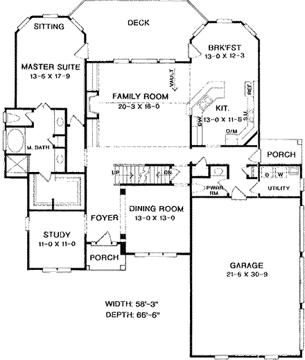 European House Plan 58149 with 4 Beds, 3.5 Baths, 3 Car Garage First Level Plan