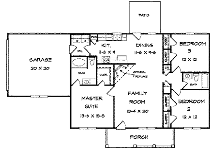 Ranch House Plan 58157 with 3 Beds, 2 Baths, 2 Car Garage First Level Plan