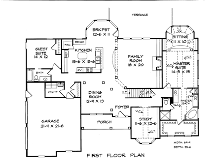 Traditional House Plan 58196 with 4 Beds, 4 Baths, 2 Car Garage First Level Plan
