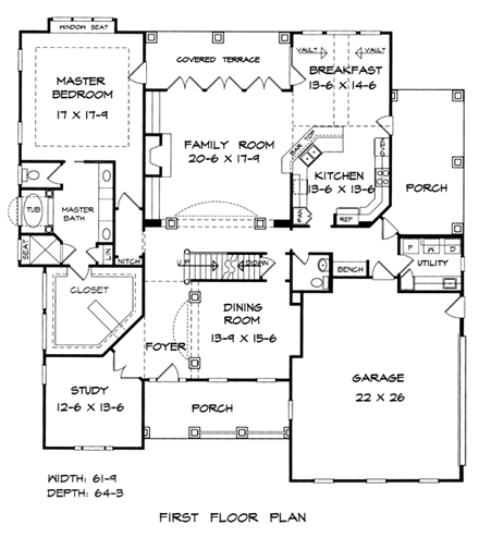 Craftsman House Plan 58201 with 4 Beds, 4 Baths, 2 Car Garage First Level Plan