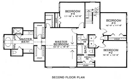 Traditional House Plan 58212 with 4 Beds, 3 Baths, 2 Car Garage Second Level Plan