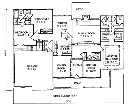 One-Story, Traditional House Plan 58213 with 3 Beds, 3 Baths, 2 Car Garage First Level Plan