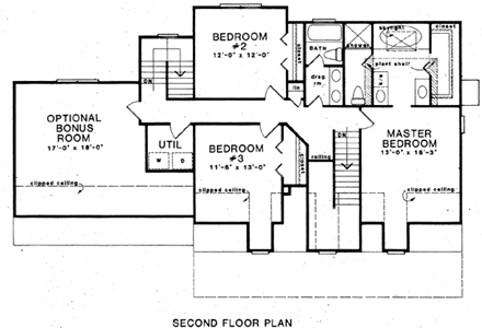 Cape Cod House Plan 58215 with 3 Beds, 3 Baths, 2 Car Garage Second Level Plan