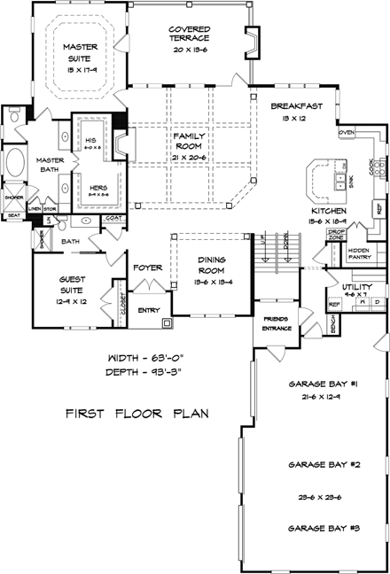 Craftsman, Traditional House Plan 58227 with 4 Beds, 4 Baths, 3 Car Garage First Level Plan