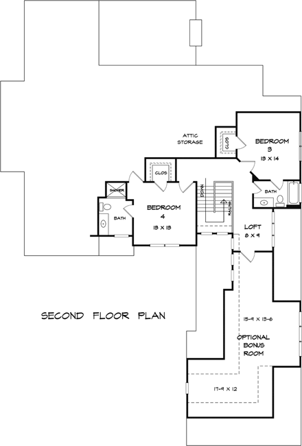 Craftsman, Traditional House Plan 58227 with 4 Beds, 4 Baths, 3 Car Garage Second Level Plan