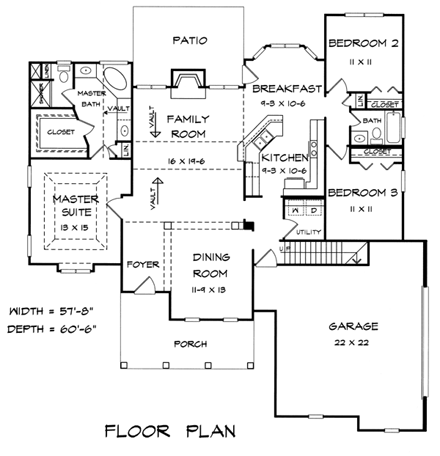 Craftsman, Traditional House Plan 58231 with 3 Beds, 2 Baths, 2 Car Garage First Level Plan