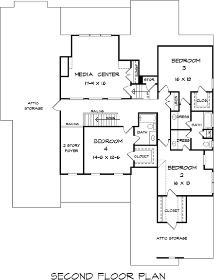 Craftsman, Traditional House Plan 58238 with 4 Beds, 4 Baths, 3 Car Garage Second Level Plan
