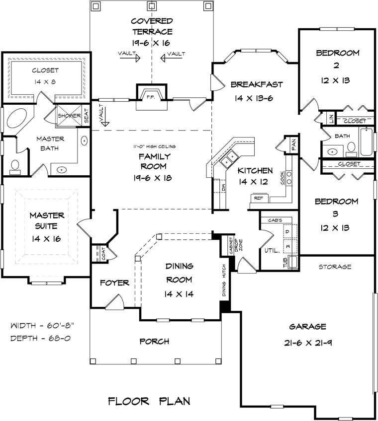 House Plan 58239 - Traditional Style with 2211 Sq Ft, 3 Bed, 2 Ba