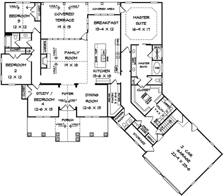 Craftsman House Plan 58254 with 4 Beds, 3 Baths, 2 Car Garage First Level Plan