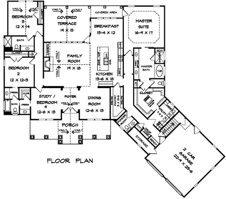 Craftsman House Plan 58255 with 4 Beds, 4 Baths, 2 Car Garage First Level Plan