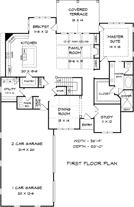 Craftsman, Traditional House Plan 58277 with 4 Beds, 4 Baths, 3 Car Garage First Level Plan