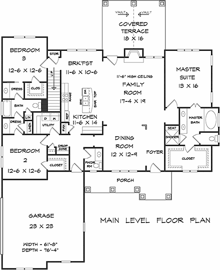 Bungalow, Craftsman House Plan 58281 with 4 Beds, 4 Baths, 2 Car Garage First Level Plan