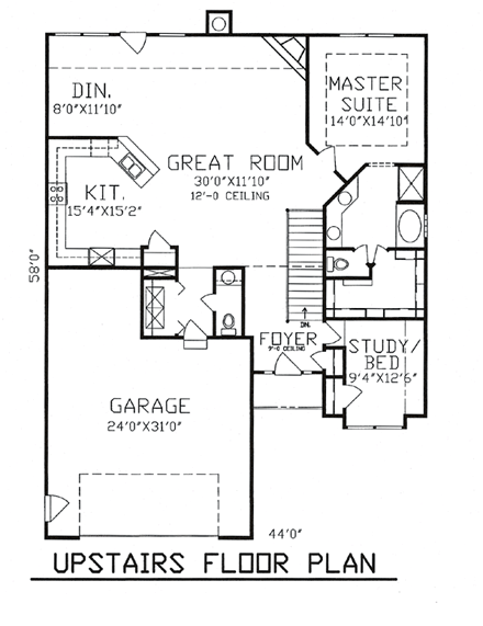 European House Plan 58410 with 4 Beds, 3 Baths, 2 Car Garage First Level Plan