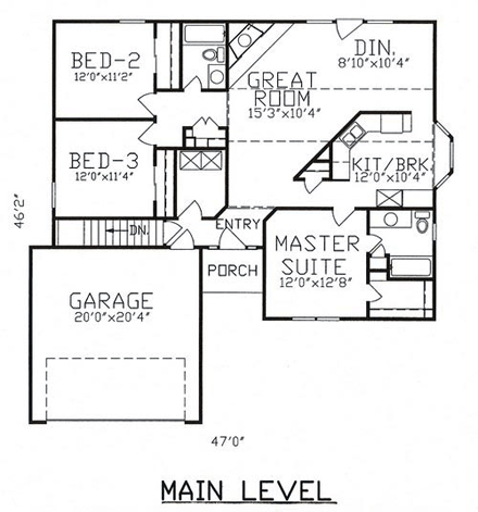 House Plan 58423 with 3 Beds, 2 Baths, 2 Car Garage First Level Plan