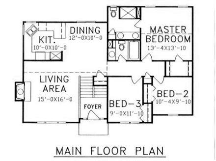 House Plan 58426 with 3 Beds, 2 Baths, 2 Car Garage First Level Plan