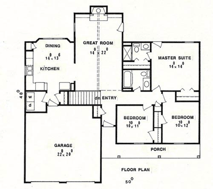 House Plan 58428 with 3 Beds, 2 Baths, 2 Car Garage First Level Plan