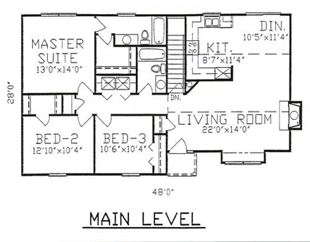House Plan 58432 with 3 Beds, 2 Baths, 2 Car Garage First Level Plan