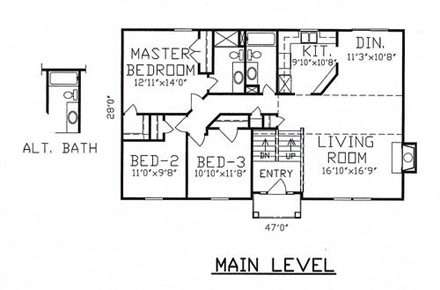 House Plan 58434 with 3 Beds, 2 Baths, 2 Car Garage First Level Plan