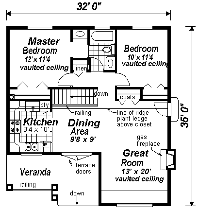 Craftsman, Narrow Lot, One-Story House Plan 58507 with 2 Beds, 1 Baths First Level Plan