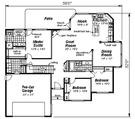 One-Story, Tudor House Plan 58526 with 3 Beds, 2 Baths, 2 Car Garage First Level Plan