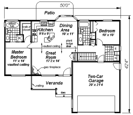 Tudor House Plan 58528 with 2 Beds, 2 Baths, 2 Car Garage First Level Plan