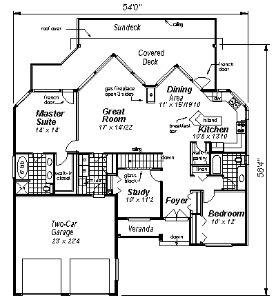 Tudor House Plan 58529 with 3 Beds, 2 Baths, 2 Car Garage First Level Plan