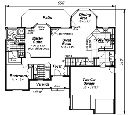 Tudor House Plan 58542 with 3 Beds, 2 Baths, 2 Car Garage First Level Plan