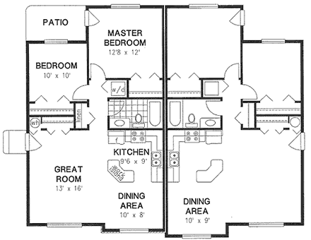 One-Story, Traditional Multi-Family Plan 58547 with 4 Beds, 2 Baths First Level Plan