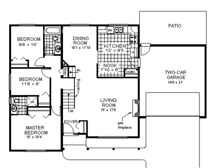 One-Story, Ranch House Plan 58599 with 3 Beds, 2 Baths, 2 Car Garage First Level Plan