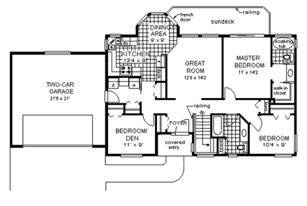 One-Story, Ranch House Plan 58637 with 3 Beds, 2 Baths, 2 Car Garage First Level Plan