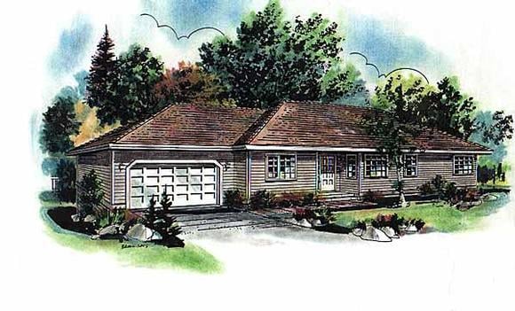 One-Story, Ranch House Plan 58637 with 3 Beds, 2 Baths, 2 Car Garage Elevation