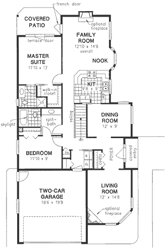 Contemporary, Narrow Lot, One-Story House Plan 58713 with 2 Beds, 2 Baths, 2 Car Garage First Level Plan