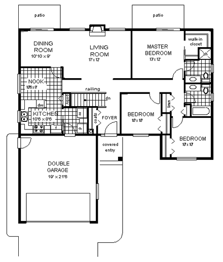 One-Story, Ranch House Plan 58721 with 3 Beds, 2 Baths, 2 Car Garage First Level Plan