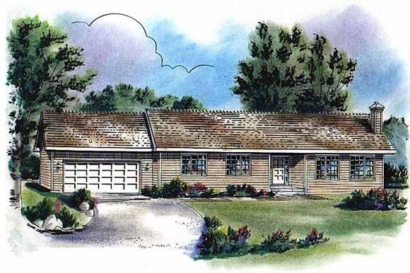 One-Story, Ranch House Plan 58739 with 3 Beds, 2 Baths, 2 Car Garage Elevation