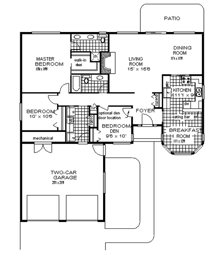 One-Story, Ranch House Plan 58811 with 3 Beds, 2 Baths, 2 Car Garage First Level Plan