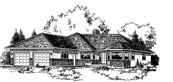 One-Story, Ranch House Plan 58811 with 3 Beds, 2 Baths, 2 Car Garage Elevation