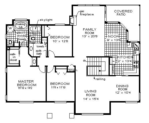 European House Plan 58874 with 3 Beds, 2 Baths, 2 Car Garage Level One