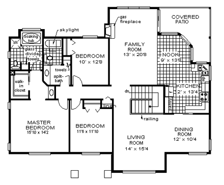 European House Plan 58874 with 3 Beds, 2 Baths, 2 Car Garage First Level Plan